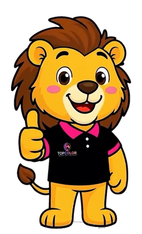 Mascote leão da Top Color com o polegar para cima